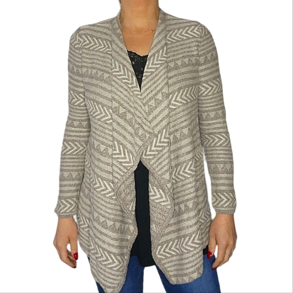 Lucky Brand Open Cardigan Size Small Grey Creme Striped Long Sleeve Knit - Picture 1 of 4